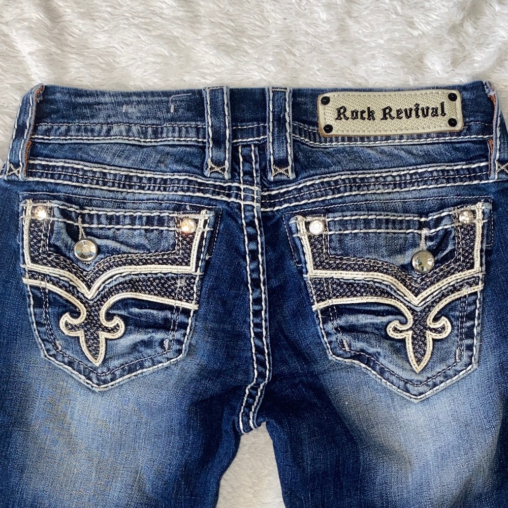 Rock Revival Women's Dark Blue Boot Cut Jeans with Embroidered Pockets